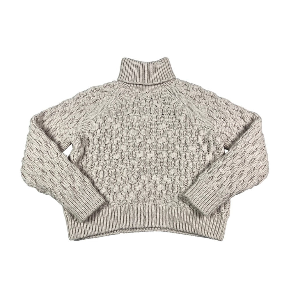 HM Womens Beige Chunky Cable Knit Turtleneck Sweater‎ Wool Blend Large Fisherman